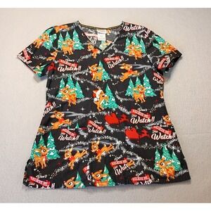 Christmas Medical Scrub Top Small Rudolph Believe Me Women's Short Sleeve V-neck